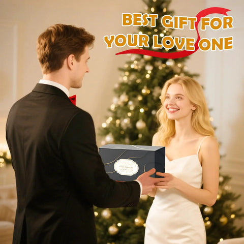 Couple exchanging Candle Making Kit With Wax Melter For Beginners And Adults, Complete Soy DIY Set in festive setting.
