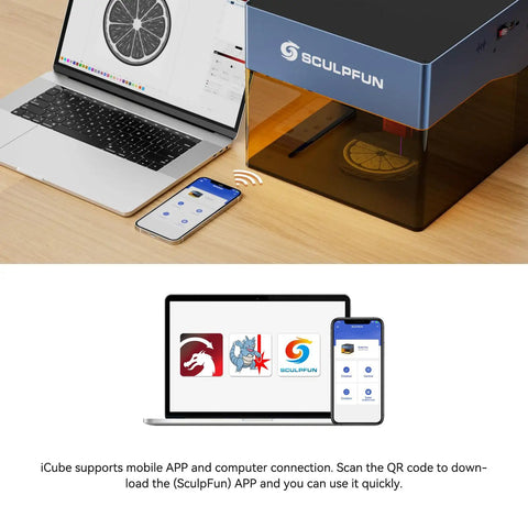 ICube Pro Max 10W Mini Laser Engraver With Smoke Filter And Temperature Alarm next to laptop showing app interface for connectivity