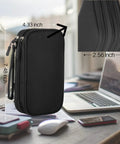 Waterproof Double Layer Travel Cord Organizer Pouch For Electronics Accessories Charger USB Cables Gadgets All In One Storage Bag Black shown on the desk with laptop and gadgets, dimensions displayed.