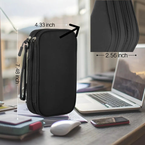 Waterproof Double Layer Travel Cord Organizer Pouch For Electronics Accessories Charger USB Cables Gadgets All In One Storage Bag Black shown on the desk with laptop and gadgets, dimensions displayed.