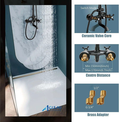 Oil Rubbed Bronze Shower Faucet Set With Hand Sprayer And Tub Spout 12 Inch Extension Tube Included 8 Inch Rainfall Shower Head Fixture Wall Mount Triple Function With Two Cross Knobs displaying water flow and hardware details.