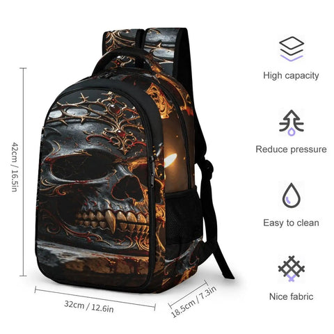 Ornate Dark Royal Skull Printed Unisex Backpack With Large Capacity, Durable Polyester, Breathable Comfort, Easy To Clean, Smooth Zipper