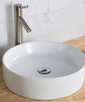 Elavo Round Vessel White Porcelain Ceramic Bathroom Sink 18 Inch on wooden countertop with chrome faucet
