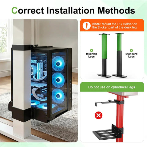 Under Desk PC Mount With Slick No Nonsense Clamp For Standing Workspaces, shown with correct installation on thick legs.