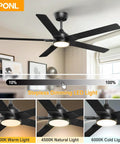 52 Inch Ceiling Fan With Lights And Remote, Black Finish, Reversible 5 Blade Design With Black And Natural Wood Sides, Whisper Quiet DC Motor, Downrod Mount, 6CCT LED, Ideal For Bedroom, Living Room, Indoor Or Outdoor Use displayed with dimmable light options