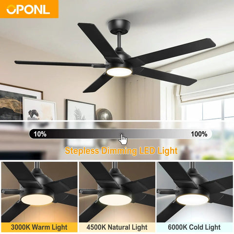 52 Inch Ceiling Fan With Lights And Remote, Black Finish, Reversible 5 Blade Design With Black And Natural Wood Sides, Whisper Quiet DC Motor, Downrod Mount, 6CCT LED, Ideal For Bedroom, Living Room, Indoor Or Outdoor Use displayed with dimmable light options