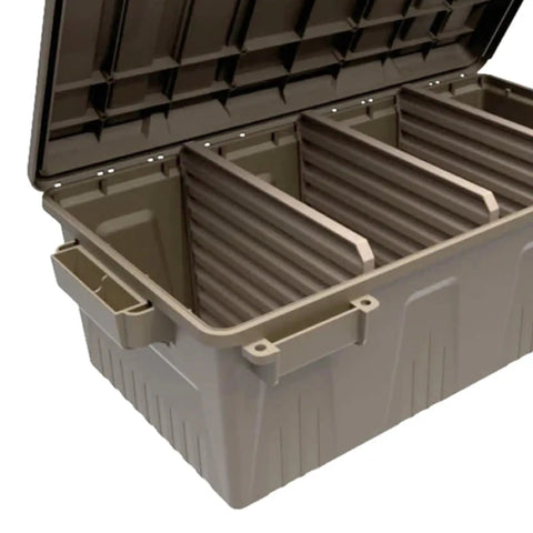 Open ACDC30 Divided Ammo Crate Utility Box showing three removable partitions, water-resistant material, dark earth color.