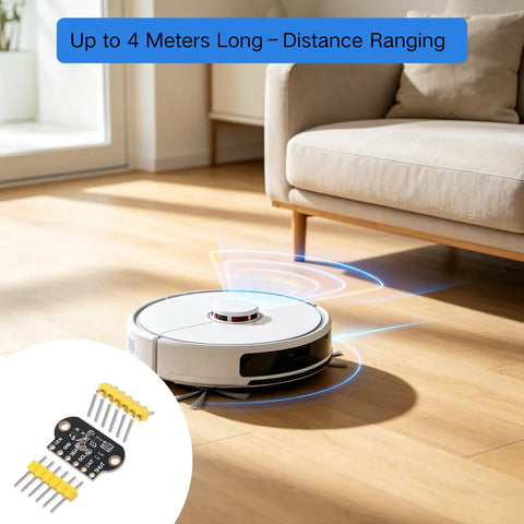 Three Pack ToF Laser Ranging Sensor Module VL53L1X With Four Meter Range for Drones, Warehouse AGVs, Ceiling Occupancy Detection, 50 Hz Measurement, Absolute Distance Sensor Kit for Precise Distance Sensing, shown with robot vacuum