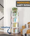 Four Tier Rotating Bookshelf Tower With Spinning Lazy Susan 360 Degree Revolving Book Storage Carousel White Space Saving Corner Organizer For Home Office Living Room in a cozy living room setting.