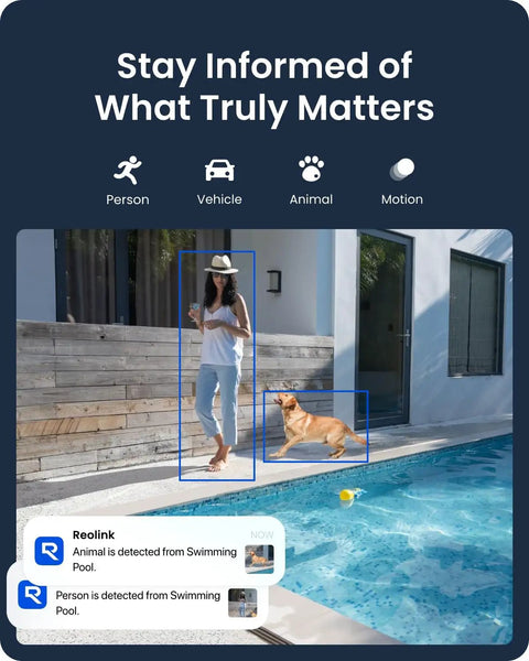 4K Solar Wireless Outdoor Security System With Color Night Vision 360 Degree Pan Tilt Auto Tracking Wi Fi 6 2.4 And 5 GHz Encrypted Local Storage No Subscription Home Hub Included 2X Argus PT Ultra detecting person and animal by pool.