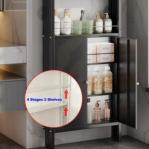 Tall floor-standing black behind-door organizer cabinet with 4 shelves, shown in a bathroom setting, features a heavy-duty build.