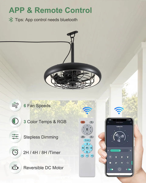 20 Inch Outdoor Ceiling Fan With Lights RGB And 3 CCT Dimmable Remote App Control 6 Speed IP65 Waterproof in a porch setting.