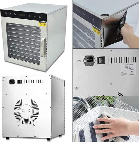 Rock Solid 10 Tray Food Dehydrator With Slick Digital Controls And Strong 800W Motor For Drying Fresh Jerky Fruit And Vegetables shown from multiple angles.