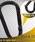 2.36 Inch Heavy Duty Aluminum D Carabiner Clips with key ring shown with a close-up of spring clip, black corrosion resistant design.