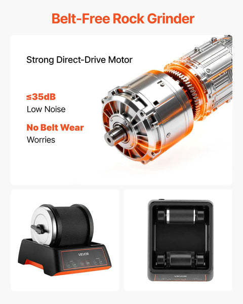 Rock Tumbler Kit For Beginners And Pros, 2 lb Capacity, features belt-free direct drive motor, four speed settings, quiet under 35 decibels