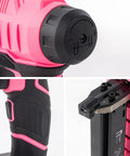 Close-up details of Cordless 20V Brad Nailer And Stapler Kit with adjustment knobs and stapler mechanism visible.