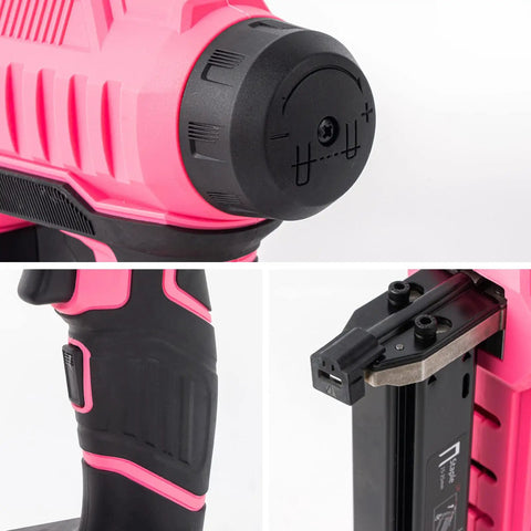 Close-up of the Heavy Duty 20V Cordless Brad Nailer Jam Free 18 Gauge, showcasing pink grip and staple loading mechanism.