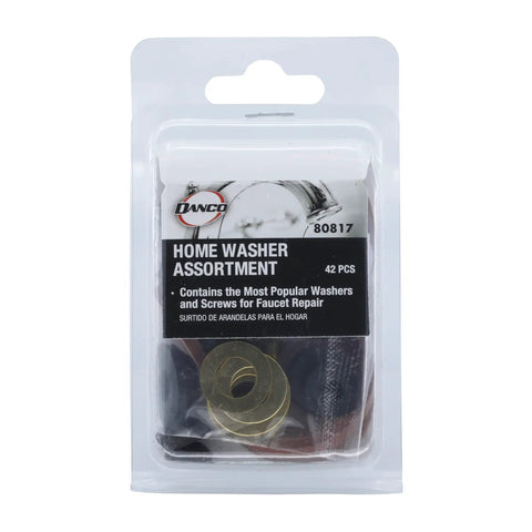 Home Washer Repair Kit With 42-Piece Rubber Washer Set in a clear package, varied metric and inch sizes for leaks and fixes.