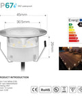 Low Voltage Outdoor Deck Lights Kit In Stainless Steel 1W Pathway And Landscape Lamps Waterproof with IP67 specs displayed