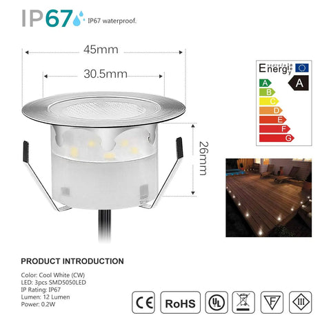 Low Voltage Outdoor Deck Lights Kit In Stainless Steel 1W Pathway And Landscape Lamps Waterproof with IP67 specs displayed