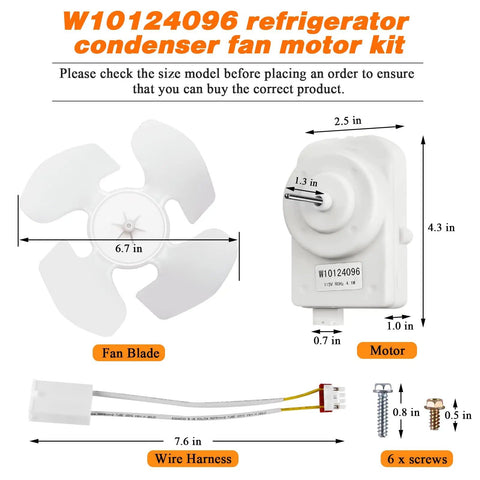 W10124096 refrigerator condenser fan motor kit components with blade, motor, wiring harness, and screws, labeled dimensions