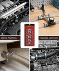 12 Piece Stainless Steel Hose Clamp Set With Adjustable Worm Gear Clamps For Fuel Lines Plumbing Automotive Marine And HVAC Includes Six Sizes From One Sixteenth Inch To One Inch Perfect For DIYers And Pros On Any Job shown in automotive, pneumatic, marine, and industrial settings