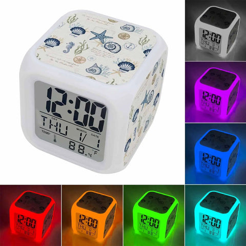 Straight Up Silent Nautical Starfish Led Digital Alarm Clock Featuring Warm Nightlight And Room Temp Sensor Dead Quiet Square Desk Watch With Snooze for cozy bedroom decor.