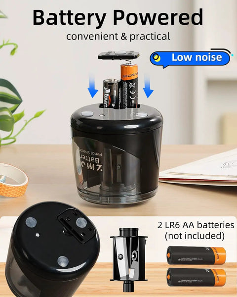 Portable Battery Powered Electric Pencil Sharpener 6 To 8mm For School And Home Use On The Go Black With Three Blades Two Spare Blades Included AA Battery Operated No USB Charging Required, black battery-powered sharpener with AA batteries shown
