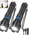 Rechargeable Tactical Flashlight 10000 Lumens Zoomable LED With Power Display IPX6 Waterproof Five Modes shown with batteries