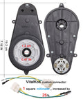 2 Pack RS550 High Speed Gearbox For 12V Power Wheels Upgrade Kit with dimensions and custom connector displayed