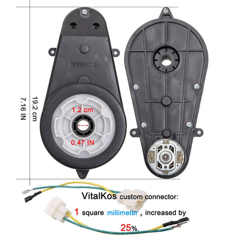 2 Pack RS550 High Speed Gearbox For 12V Power Wheels Upgrade Kit with dimensions and custom connector displayed
