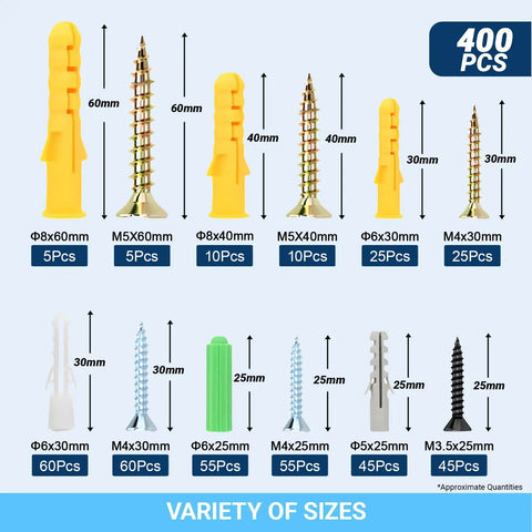 All In One Drywall Anchors And Screws Kit 6 Size Plastic Wall Anchors With Phillips Flat Head Wood Screws 130 Piece Assortment