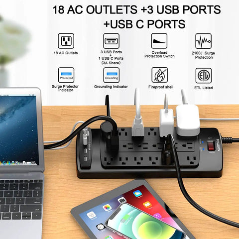 18 Outlet Surge Protector Power Strip With 6 Feet Flat Plug Heavy Duty Extension Cord 2100 Joules Surge Protection 4 USB Ports Black Overload Protection Ideal For Computer Desks And Home Office on desk