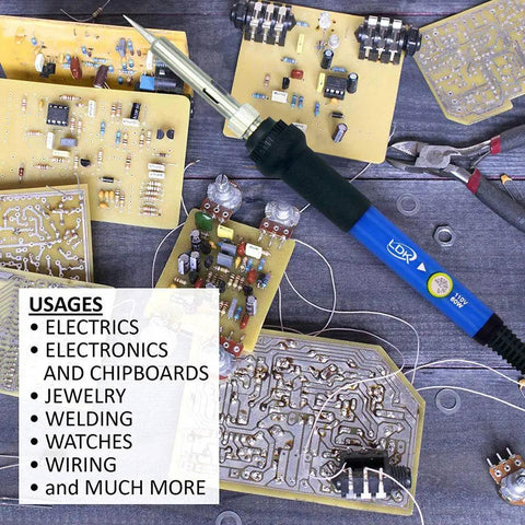 60W Adjustable Temperature Soldering Iron Kit with Quick Heat Up Ceramic Heater on circuit boards, showing solder tips.