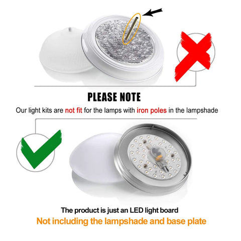 Comparison of compatible and incompatible lampshades for 6 Inch LED Light Engine Retrofit Kit, 20W, 6000K Cool White setup.