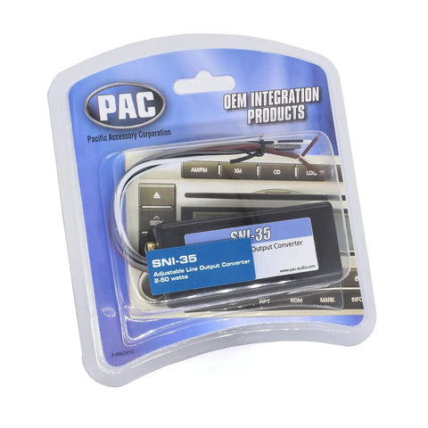 SNI-35 Variable LOC Line Out Converter for car audio in packaging, showing adjustable line output features.