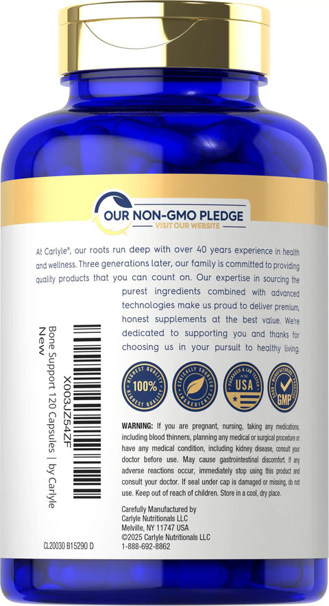 Side view of bottle labeled Bone Strength Calcium Complex Supplement With Vitamin D3 Magnesium Zinc K2 Boron 120 Capsules Non GMO Gluten Free