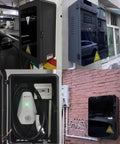 Top Shelf Outdoor EV Charger Pedestal With Keypad Lock For Tesla Model Y Heavy Duty Cable Station Box mounted in various settings.