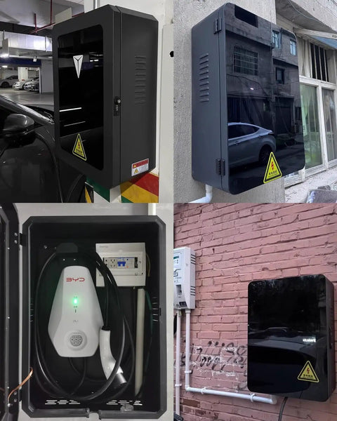 Heavy Hitter EV Charger Enclosure With Secure Keypad Lock Outdoor Pedestal Waterproof Electric Vehicle Cover Box mounted on walls.