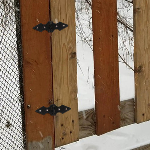 Heavy Duty Iron Gate Hinge Set, 10 Pack Yard Fence Door Hinges for Outdoor Garden Gates installed on wooden gate in snow