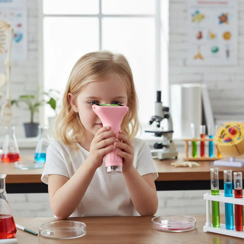 Child using Portable Handheld Microscope For Kids With High Magnification in a classroom setting.