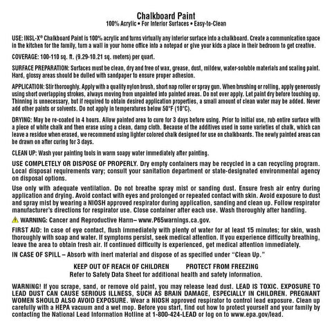 Chalkboard Paint For Walls In Black 1 Quart - usage instructions and safety guidelines printed on product label, 100 percent acrylic interior paint