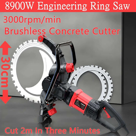 Heavy Duty Electric Concrete Circular Saw Featuring A Massive 8900 Watt Copper Motor And 3000 RPM Diamond Ring Blade For Snapping Through Thick Walls Smooth As Butter, showcasing a brushless cutter with a diamond blade.