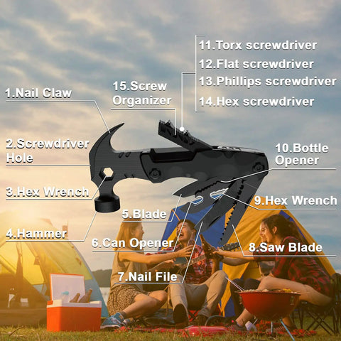 15 in 1 Survival Multitool with Magnetic Screwdriver Heads Locking 180 Degree Gear illustrated with labeled features