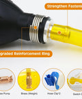 Close-up of Portable Hand Fuel Transfer Pump With 10 Ft Siphon Hose, brass components, and fastening ring for gasoline diesel transfer.