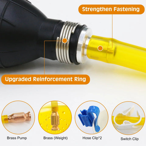 Close-up of Portable Hand Fuel Transfer Pump With 10 Ft Siphon Hose, brass components, and fastening ring for gasoline diesel transfer.