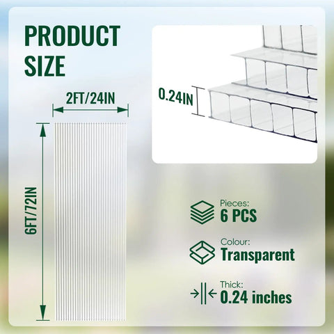 Six Pack 6 Ft By 2 Ft Twin Wall Polycarbonate Panels 0.24 Inch All Season UV Protected Roof Sheeting For Greenhouse Covering And Outdoor Garden Projects Easy Install