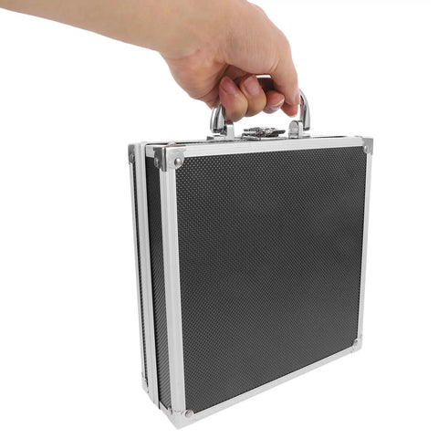 Black Aluminum Alloy Toolbox With Secure Lock And Lightweight Metal Handle Multi Function Parts Organizer Built Tough For The Daily Hustle And Sweet Setup For Quick Loadouts, hand holding toolbox.