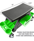 Heavy Duty Rolling Workbench And Creeper Seat For Auto Repair, A Garage Must Have Mechanics Stool With Wheels, Green And Black