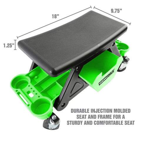Heavy Duty Rolling Workbench And Creeper Seat For Auto Repair, A Garage Must Have Mechanics Stool With Wheels, Green And Black